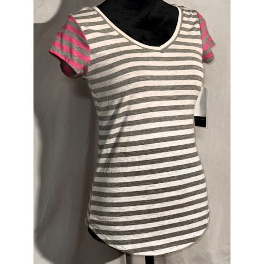 NWT Poof Striped T-Shirt, Contrasting Sleeves, Gray and Pink, Size Small